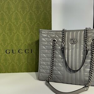 Gucci Gray Tote Bag with Quilted Pattern and Silver Chain Strap